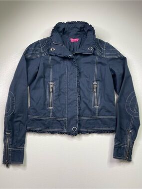 BCBGirls Navy Blue Ruffle Trim Utility Moto Jacket White Contrast Stitching 8